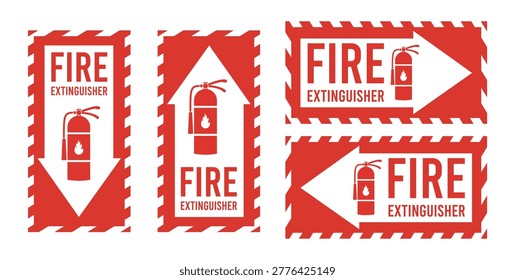 A set of red fire extinguisher signs and labels, featuring white text and a fire extinguisher illustration on a white