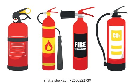 Extintores de incendios rojos al estilo de las caricaturas. Ilustración vectorial de varios extintores de incendios aislados en fondo blanco. extinción de incendios con dióxido de carbono, polvo, arena. Equipo de seguridad.