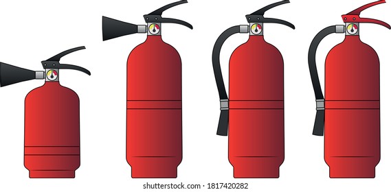 Set of red fire extinguishers, icons - safety symbol - protection equipment - emergency sign. Fire extinguisher of various types to ensure the safety of the building, which would protect people