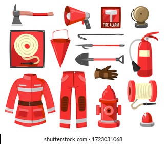 Set of red firefighter supplies and equipment vector illustration. Details of fireman costume and tools flat style. Fire safety and protection concept. Isolated on white background