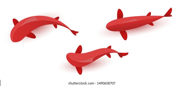 Set of red fish isolated on white background. Vector japanese koi carp or golden fish in cartoon paper style. Top view. Minimalistic illustration.