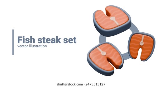 Set of red fish steaks. Portion pieces of salmon. Chopped tuna. Creative 3D banner