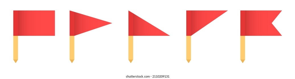 Set of red flag icon vector illustration. Red flags on yellow staves icon. Concept of pointer, tag and important sign.