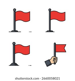 Set of red flag icons. Includes waving flags on poles and a hand holding a flag. Simple vector illustration.