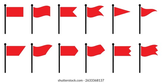 Set of red flag icons in various shapes. Collection of red flags isolated on white background. Vector illustration of red flags in multiple shapes. Flat design.