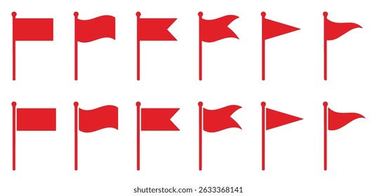 Set of red flag icons in various shape. Collection of red flags isolated on white background. Vector illustration of red flags in multiple shapes. Flat design.