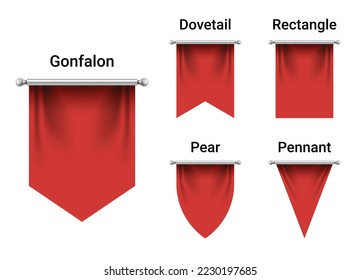 Un grupo de burlas de las Banderas Rojas aisladas en fondo blanco. Vacío Pennant Blank 3D. Ilustración Realista.