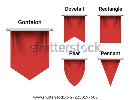 Set of Red Flags mockup isolated on white background. Empty 3D Pennant Blank. Realistic Illustration.