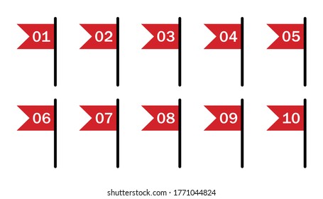 Set red flags numbered from 1 to 10 in flat style.