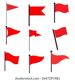A set of red flags in various styles, including waving, triangle, and rectangular. Useful for alerts, warnings, maps, sports, and web design. Isolated on transparent background.


