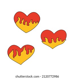 Set of red flaming hearts. Heart is on fire. Vector illustration