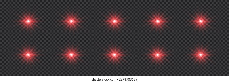 Conjunto de destellos rojos de luz aislados sobre fondo transparente. La bengala solar con rayos y luz reflectante. Efecto brillante.