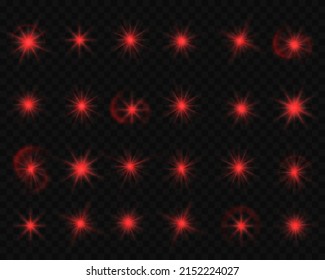 Set of red flashes, stars with highlights and light reflection on a transparent background