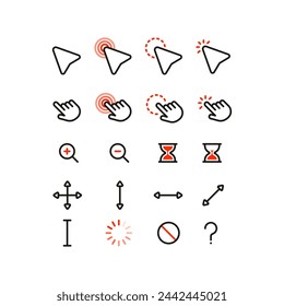 A set of red flat simple cursor icons. Minimalistic flat mouse cursor, pointer, hand, zoom in, zoom out.