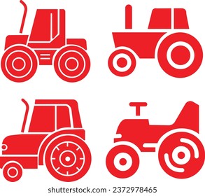 set of red flat Tractor icons. Creative signs from farm icons collection. Filled flat Tractor icons for computer and mobile. Symbol, logo vector graphics isolated on transparent background.