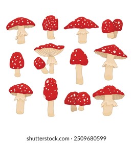 Conjunto de vermelho plano branco mosca agárico vibrante floresta cogumelo associado com imagens de conto de fadas, folclore. Ilustrações isoladas de vetor de desenhos animados sobre fundo branco