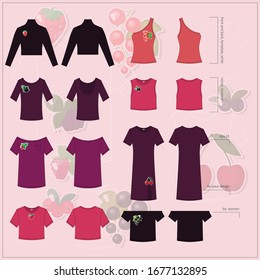 Set of red flat women's Tops with different berries. Tops in front and back views. Simple vector illustration.