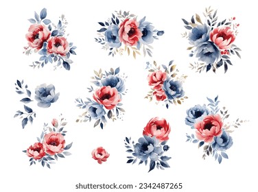 Set of red floral branch. Flower red, burgundy, navy blue rose, green leaves. Wedding concept with flowers. Floral poster, invite. Vector arrangements for greeting card or invitation design