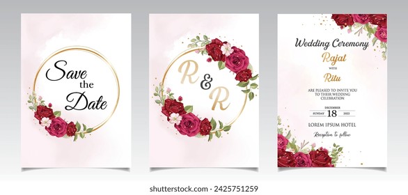 Set of Red Floral Invitation Card.Illustrator and designer. Wedding Invites, save the date, Birthday Invites, Video Invites, E-Cards.