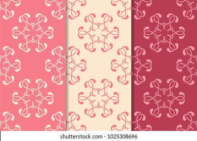 Set of red floral ornaments. Cherry pink vertical seamless patterns. Wallpaper backgrounds