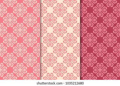 Set of red floral ornaments. Cherry pink vertical seamless patterns. Wallpaper backgrounds