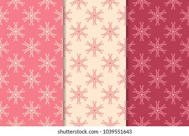 Set of red floral ornaments. Cherry pink vertical seamless patterns. Wallpaper backgrounds