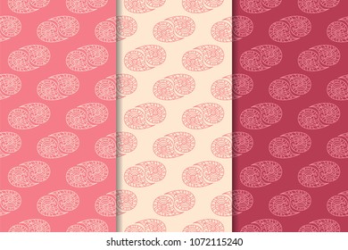 Set of red floral ornaments. Cherry pink vertical seamless patterns. Wallpaper backgrounds