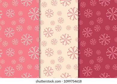 Set of red floral ornaments. Cherry pink vertical seamless patterns. Wallpaper backgrounds