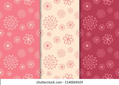 Set of red floral ornaments. Cherry pink vertical seamless patterns. Wallpaper backgrounds