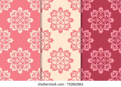 Set of red floral ornaments. Cherry pink vertical seamless patterns