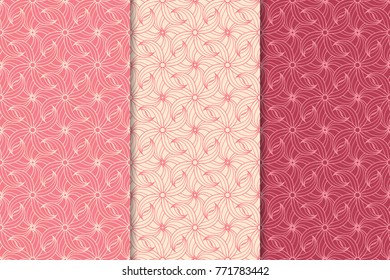 Set of red floral ornaments. Cherry pink vertical seamless patterns. Wallpaper backgrounds