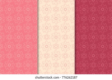 Set of red floral ornaments. Cherry pink vertical seamless patterns. Wallpaper backgrounds