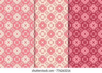 Set of red floral ornaments. Cherry pink vertical seamless patterns. Wallpaper backgrounds