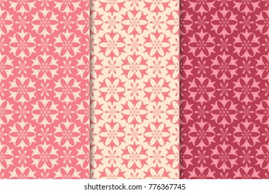 Set of red floral ornaments. Cherry pink vertical seamless patterns. Wallpaper backgrounds