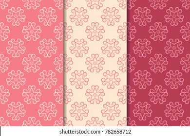 Set of red floral ornaments. Cherry pink vertical seamless patterns. Wallpaper backgrounds