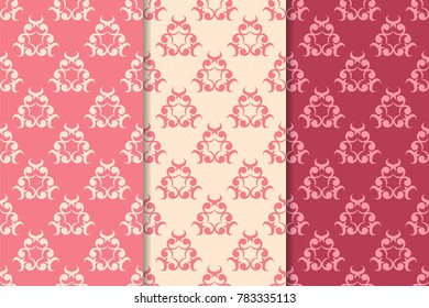 Set of red floral ornaments. Cherry pink vertical seamless patterns. Wallpaper backgrounds