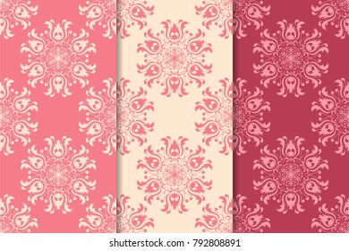 Set of red floral ornaments. Cherry pink vertical seamless patterns. Wallpaper backgrounds