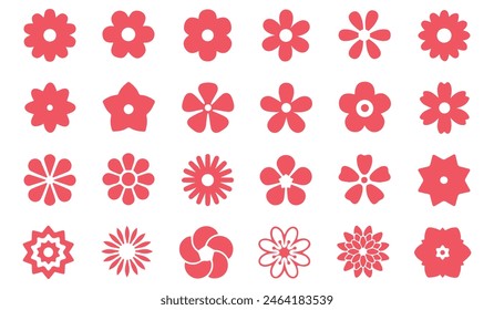 a set of red flower icons in a flat style on a white background