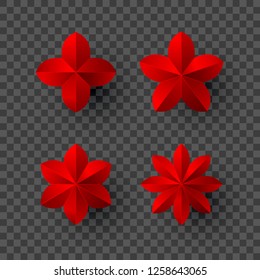 Set of red flower with shadow on transparent background. New year and Christmas design elements, vector illustration.