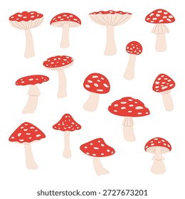 Conjunto de cogumelos agáricos da mosca vermelha em estilo vetor plano. Ilustrações bonitas de toadstool desenhadas à mão com diferentes formas e ângulos, isoladas em fundo branco. Fungos florestais, conto de fadas, elementos de design botânico e natureza.