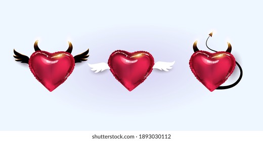 A set of red foil balloons. A collection of different heart - shaped balloons with wings, horns and a tail. Valentine's Day Decoration