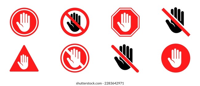 Set with red forbidden signs don't touch. No entry hand red label or sticker. Ban or prohibited sign.