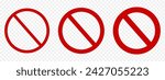 Set of red forbidden signs. No entry icons. Warning pictograms. Stop and parking prohibited symbols. Graphic alert communication elements isolated on transparent background. Vector flat illustration