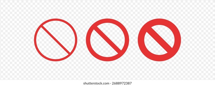Set of red forbidden signs. No entry icons. Warning pictograms. Stop and parking prohibited symbols. Graphic alert communication elements isolated on transparent background. Vector illustration