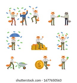 Set of red fox mascot posing with money. Cheerful fox standing with umbrella under money rain and showing other actions. Flat design vector illustration