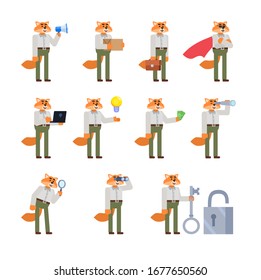 Set of red fox mascot showing various actions. Cheerful fox holding loudspeaker, parcel box, laptop, magnifier and showing other actions. Flat design vector illustration