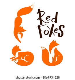 Set of Red Foxes Sitting and Looking Away, Lying and Walking. Vector Logo with Negative Space. Laconic Symbol for Icons, Logos, Badges and Emblems