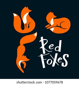 Set of Red Foxes Sitting and Looking Away, Lying and Walking. Vector Wild Foxy Logo. Laconic Symbol for Icons, Logos, Badges and Emblems