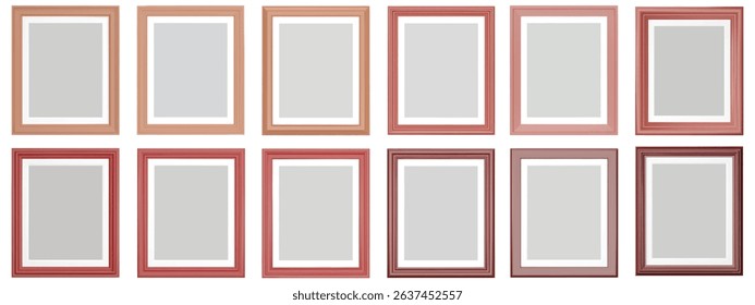 Set of red frame isolated on white background. Realistic rectangle frames mockup. Classic Photo wooden frame. Shades of red borders set for painting, poster, photo gallery. 3d vector illustration.