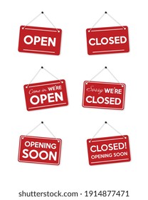 Set red frame Sorry we're closed and opening soon door sign isolated on white background. Vector illustration.